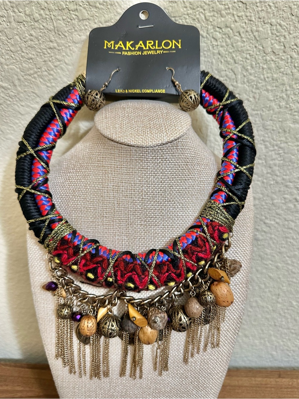 18”-22” Vintage Makarlon Red & Black Statement Necklace with Tassel Charms Set